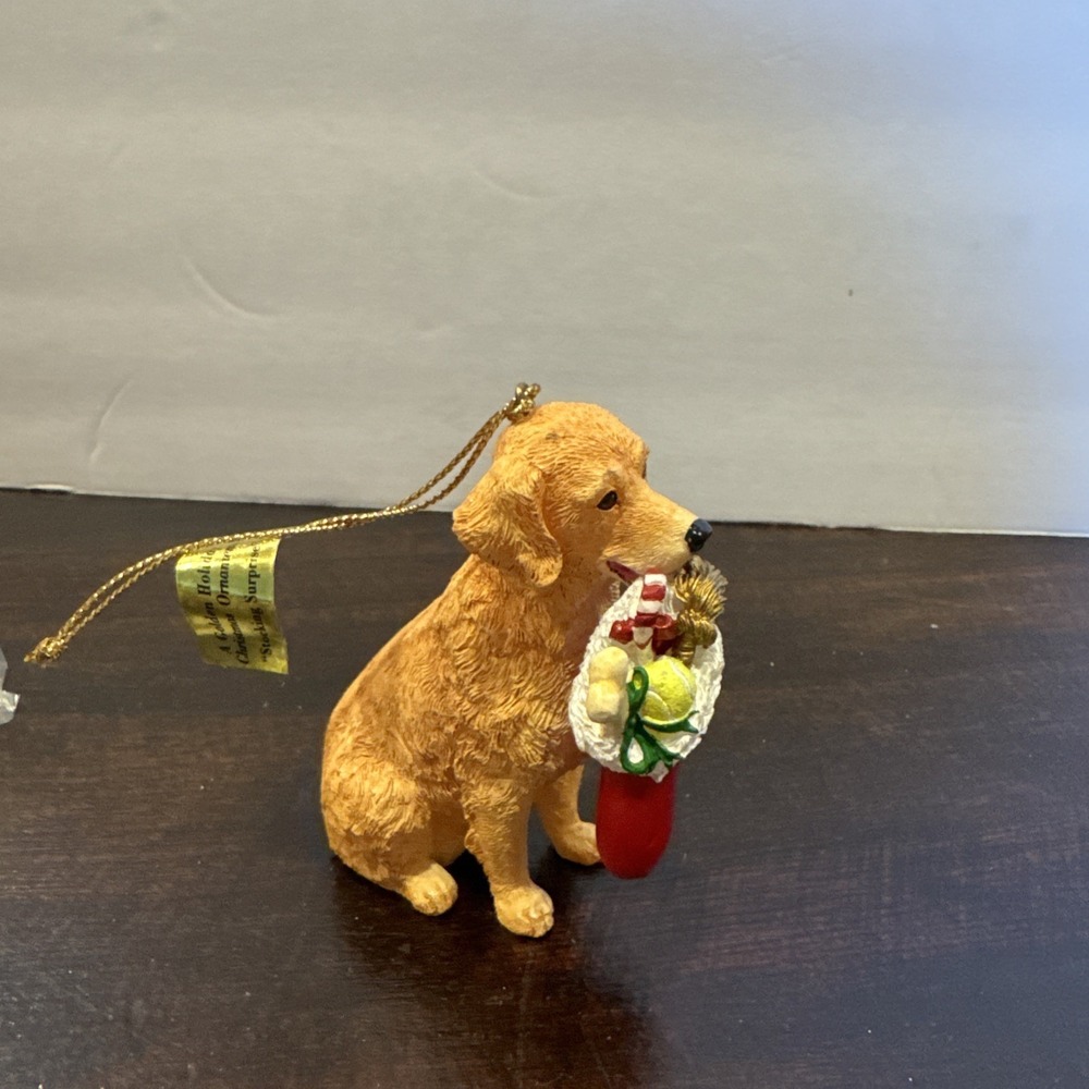 Golden Holiday Christmas OrnamentStocking Surprise Golden Retriever Danbury Mint
